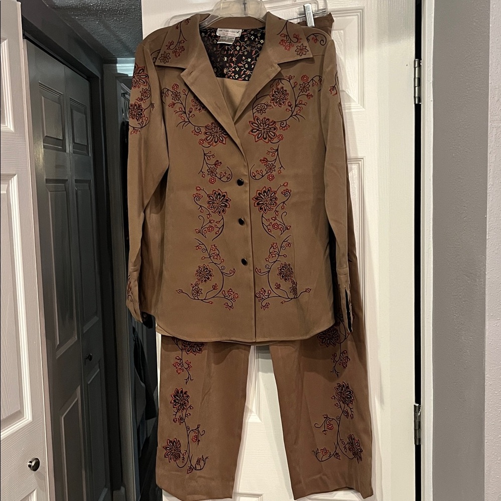 Victor Costa Tan with Brown & Burnt Orange Floral Embroidered 2 piece Pantsuit.